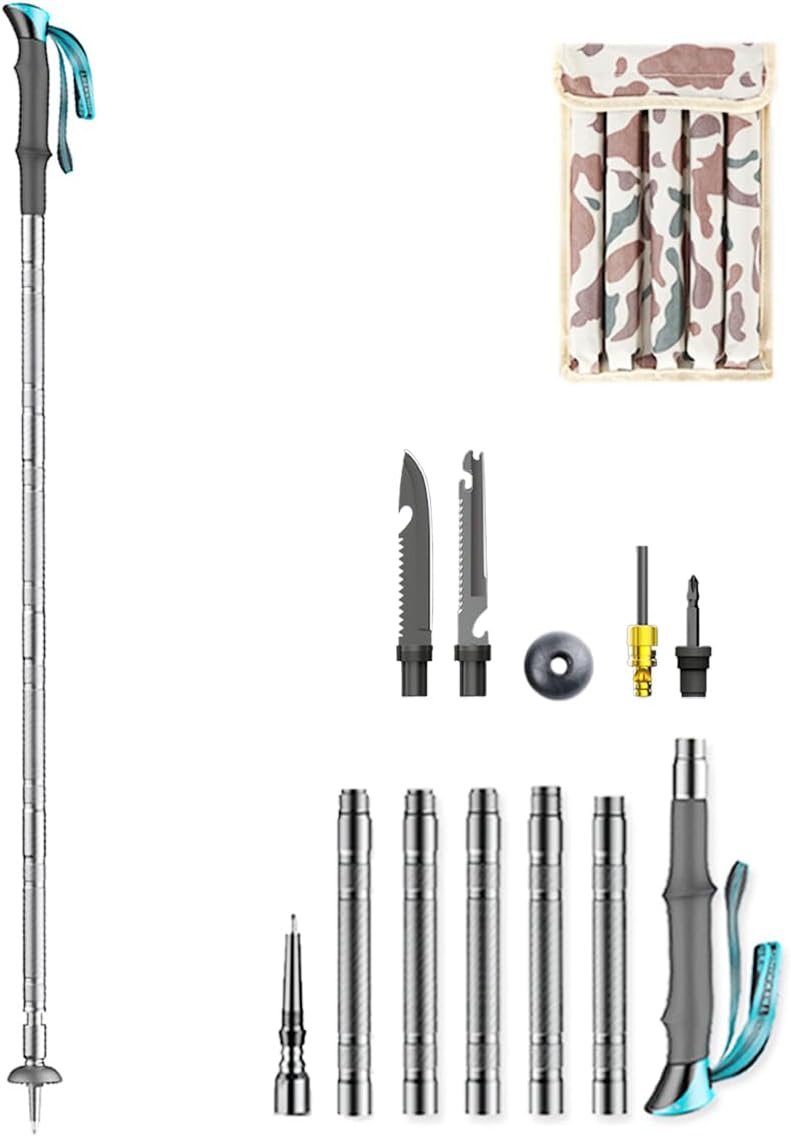 Multifunctional Trekking Pole, Lightweight 6-ction Multifunctional Folding Trekking Pole, Internal Storage Tools, Canvas Storage Bag, Easy to Carry, Suitable for Outdoor Hiking