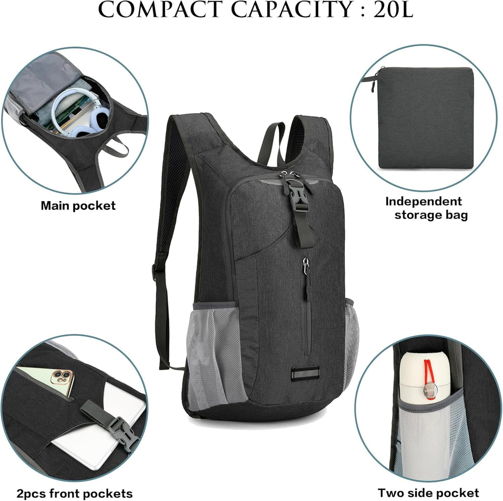 20L Hiking Backpack Lightweight Packable Hiking Daypack for Women Men, Foldable Small Backpacks for Travel Camping Outdoor (Black)
