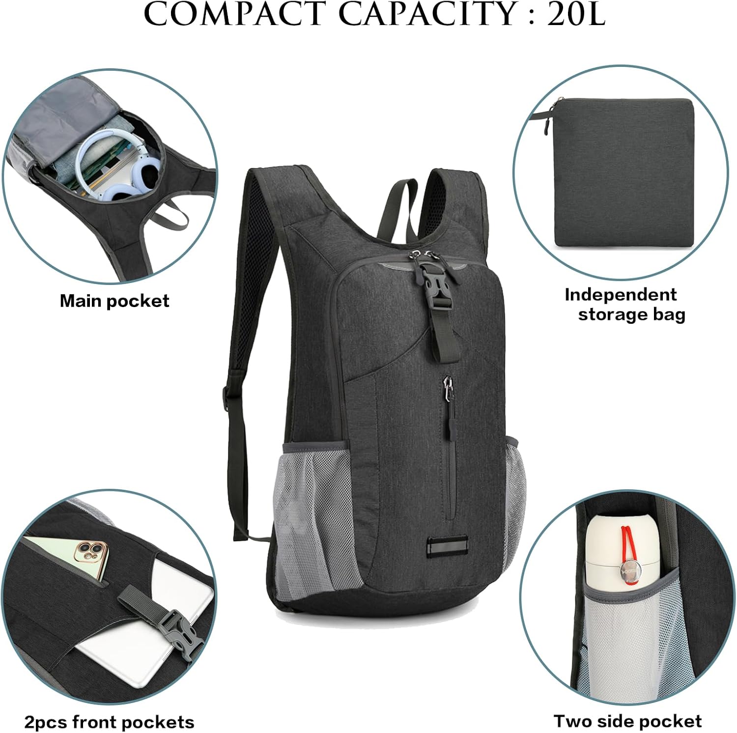20L Hiking Backpack Lightweight Packable Hiking Daypack for Women Men, Foldable Small Backpacks for Travel Camping Outdoor (Black)