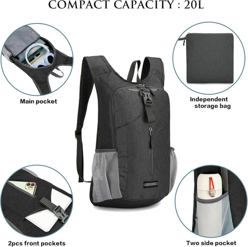 20L Hiking Backpack Lightweight Packable Hiking Daypack for Women Men, Foldable Small Backpacks for Travel Camping Outdoor (Black)