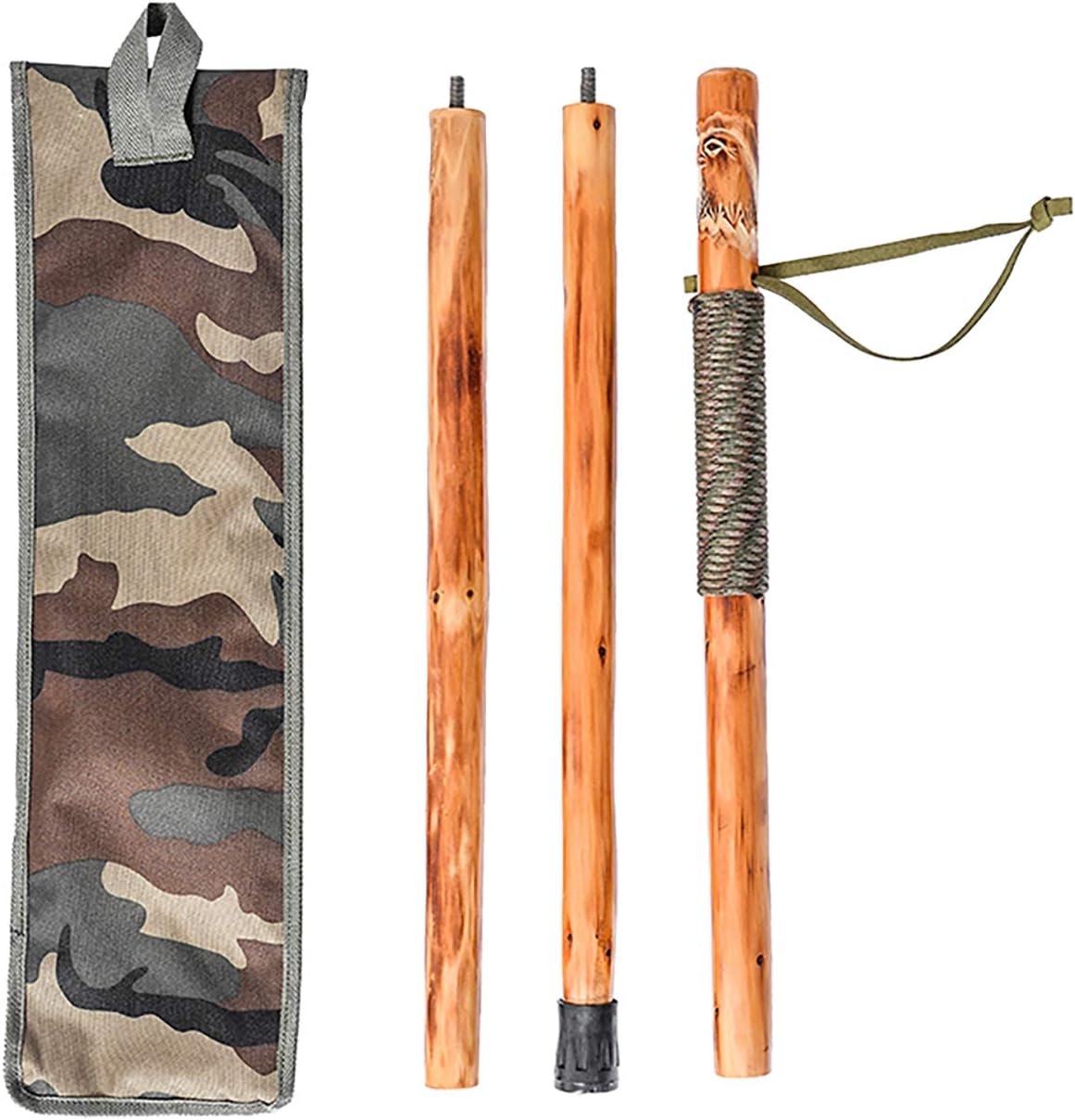 3pc Detachable Fir Wood Walking Stick for Hiking with Compass 55 Inches - with Animal Carving - Soft Hand Strap - Rubber Tip Cover