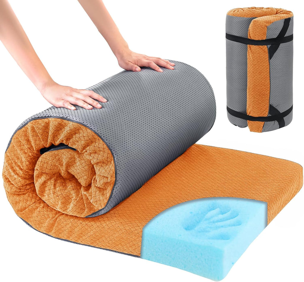 Memory Foam Camping Mattress Pad,Portable Sleeping Pad for Adult,Waterproof Cot Mattress,Roll Up Floor Mattress,Foldable Backpacking Travel Bed for Hiking,Guest Bed